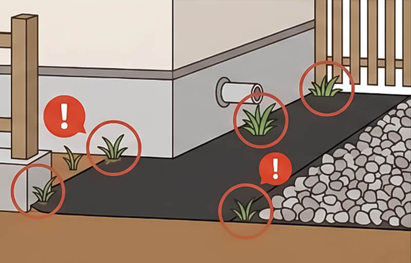 端部や隙間からの雑草の発生